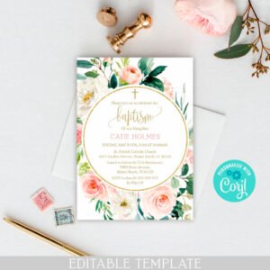 Baptism invitation girl, Printable invitation Girl Baptism, Girl Christening, Editable template, Floral blush watercolor, size 5x7