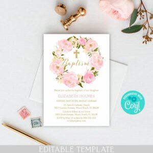 Floral Blush Baptism Invitation Girl, Printable invitation, Girl Baptism invite, Editable template, Blush pink watercolor