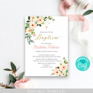 Girl Baptism printable invitation, Blush pink floral watercolor, instant download, Baptism invitations, gold and pink, editable template