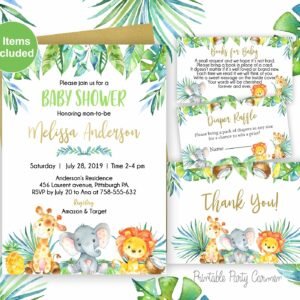 Safari baby shower invitation, Jungle Baby Shower Invitation, Gender neutral, Girl Boy Tropical Baby Shower Elephant Giraffe Lion animals