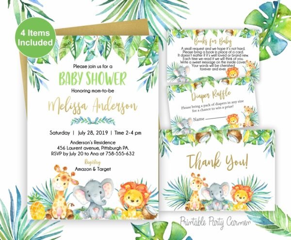 Safari baby shower invitation, Jungle Baby Shower Invitation, Gender neutral, Girl Boy Tropical Baby Shower Elephant Giraffe Lion animals