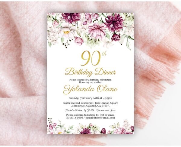 90th Birthday Card, 50th Birthday Dinner, Adult Birthday, Editable template, Printable, Burgundy Floral watercolor, Peonies