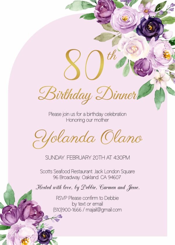 50th Birthday Printable Invitation for Women, 60th Birthday Dinner, Adult Birthday, Editable template, Purple Violets Flowers watercolor