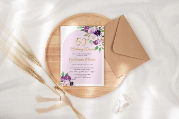 50th Birthday Printable Invitation for Women, 60th Birthday Dinner, Adult Birthday, Editable template, Purple Violets Flowers watercolor