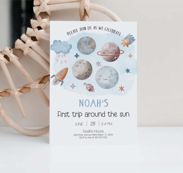 1st Birthday Boy Printable Invitation First Trip around the Sun Outer Space Birthday Invitation Template, Planets Birthday invitation Active Restock