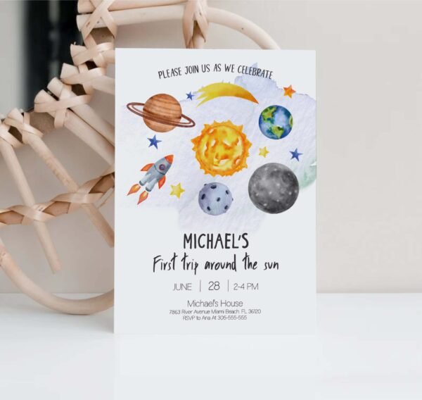 First Birthday invitation outer space, Planets Birthday invitation, First Trip around the sun, Editable template, Printable