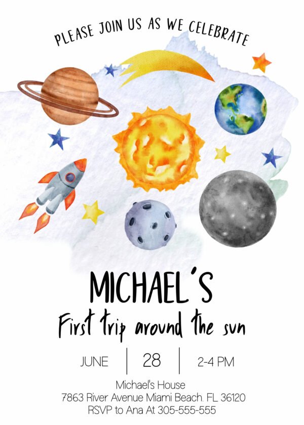 First Birthday invitation outer space, Planets Birthday invitation, First Trip around the sun, Editable template, Printable