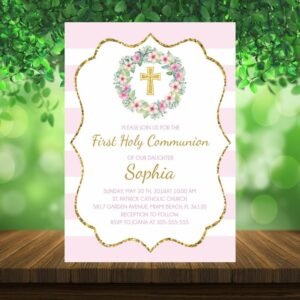 First Holy Communion Invitation, first communion invitation girl, Floral first communion girl, wreath watercolor communion, pink and gold
