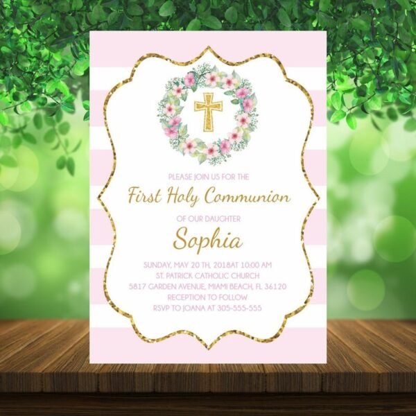 First Holy Communion Invitation, first communion invitation girl, Floral first communion girl, wreath watercolor communion, pink and gold