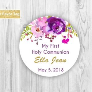 Favor Tag first holy communion, first communion favors, tag printable, favors for boy and girl, favors tags purple, tag floral purple