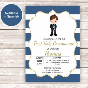First Holy Communion invitation boy, printable first holy communion boy invites, printable invitation navy, invitacion primera comunion niño