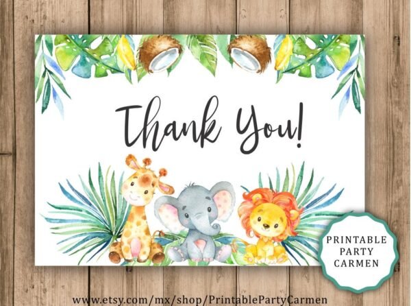 Safari thank you card, jungle baby shower, tropical baby shower, elephant giraffe lion, gender neutral, safari baby shower, instant download - Image 3