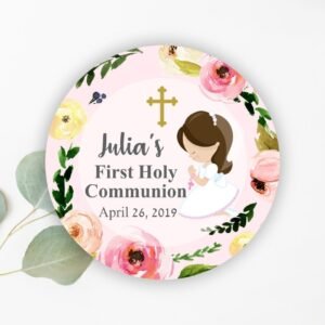 Favor tags first communion, floral first holy communion girl, communion favors, printable favor tag, personalized tags, communion stickers