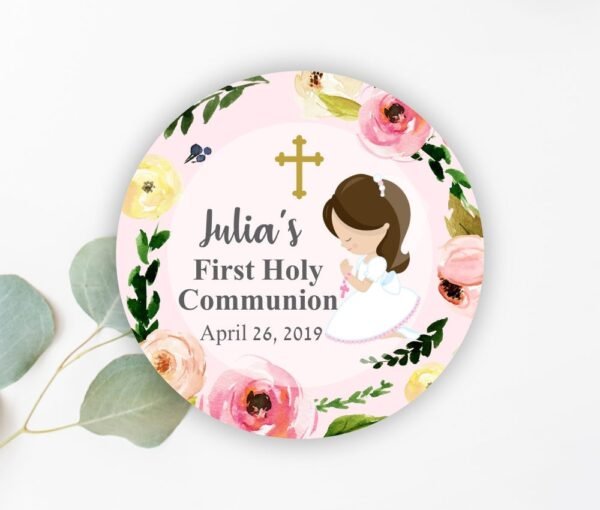 Favor tags first communion, floral first holy communion girl, communion favors, printable favor tag, personalized tags, communion stickers