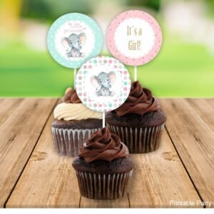 Cupcake toppers baby shower girl, elephant baby shower decoration, printable cupcake toppers, little peanut, favor tags