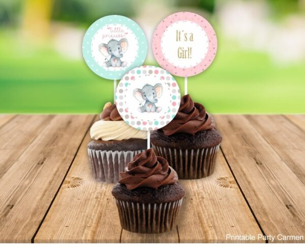 Cupcake toppers baby shower girl, elephant baby shower decoration, printable cupcake toppers, little peanut, favor tags