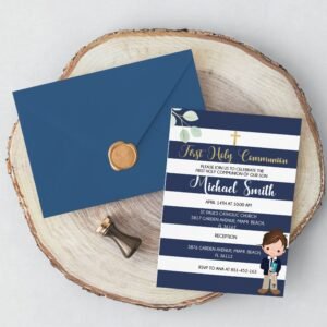 Navy First Holy Communion invitation boy, printable first holy communion boy, communion invitation olives, invitacion primera comunion niño