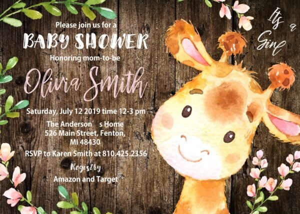 RUSTIC GIRAFFE baby shower invitation Baby girl invitation Giraffe baby Giraffe shower Safari baby shower Printable invitation - Image 2