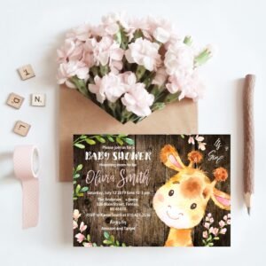 RUSTIC GIRAFFE baby shower invitation Baby girl invitation Giraffe baby Giraffe shower Safari baby shower Printable invitation