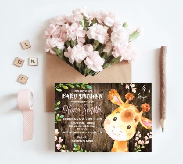 RUSTIC GIRAFFE baby shower invitation Baby girl invitation Giraffe baby Giraffe shower Safari baby shower Printable invitation