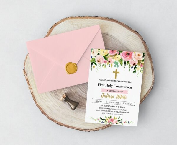 Floral First Holy Communion, printable communion invitation girl, floral watercolor communion - Image 2