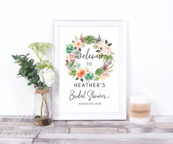 Succulents Bridal shower welcome sign, printable, boho welcome sign, wreath watercolor, bridal shower decorations, bohemian bridal shower - Image 2
