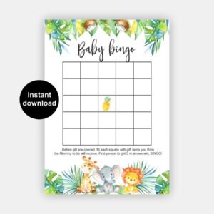 Bingo Baby shower, jungle baby shower, printable bingo game safari, safari baby shower, tropical baby shower games baby shower