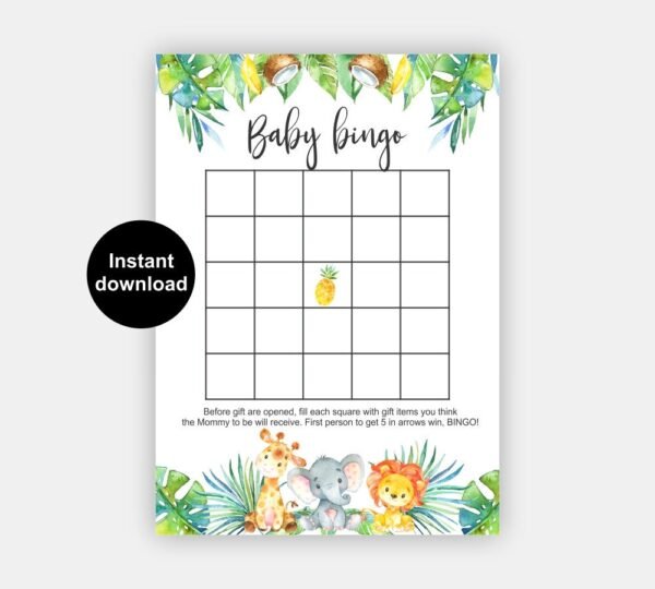 Bingo Baby shower, jungle baby shower, printable bingo game safari, safari baby shower, tropical baby shower games baby shower