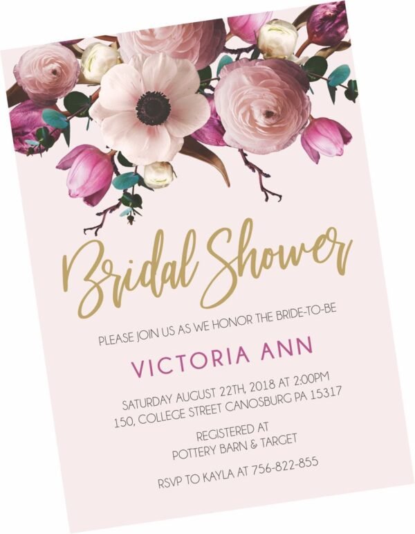 Floral bridal shower invitation, fiesta bridal shower invitation, printable invitation, bridal brunch, tulips, pink and gold, 5x7 - Image 2