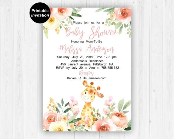 GIRAFFE baby shower invitation girl, safari Baby Shower set invitation, jungle baby shower invites, Giraffe shower, printable invitation - Image 2
