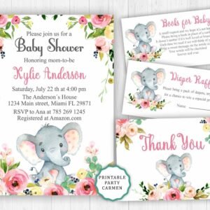 Elephant Baby Shower Invitation, girl baby shower Invitation, printable invitation, little peanut, diaper raffle, invites suite, oh baby