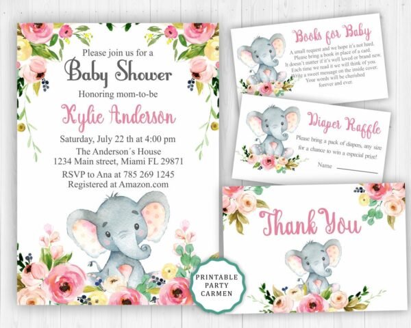 Elephant Baby Shower Invitation, girl baby shower Invitation, printable invitation, little peanut, diaper raffle, invites suite, oh baby