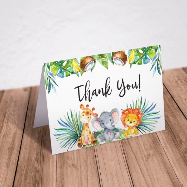 Safari thank you card, jungle baby shower, tropical baby shower, elephant giraffe lion, gender neutral, safari baby shower, instant download - Image 2