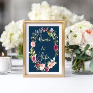 Table signs bridal shower or wedding decoration cards and gifts navy blue and gold floral printable table signs gifts INSTANT DOWNLOAD