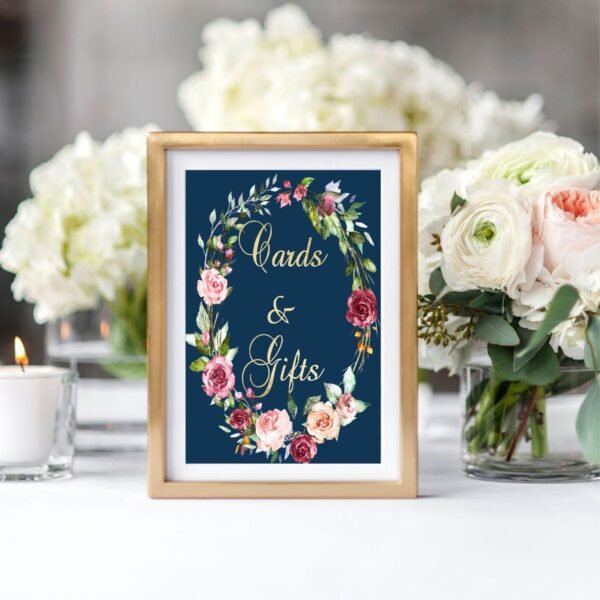 Table signs bridal shower or wedding decoration cards and gifts navy blue and gold floral printable table signs gifts INSTANT DOWNLOAD