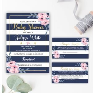 Floral baby shower invitations, set navy pink & gold, twins, baby shower invitation girl or boy, printable invitation, diaper raffle