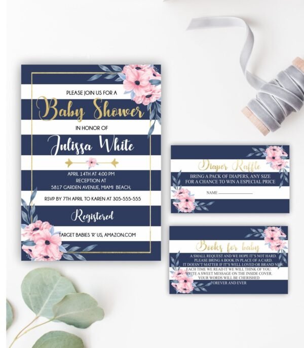 Floral baby shower invitations, set navy pink & gold, twins, baby shower invitation girl or boy, printable invitation, diaper raffle