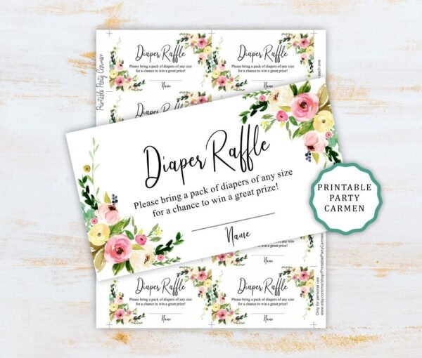 Floral diaper raffle cards baby shower Girl Watercolor Diaper raffle tickets Printable Instant download
