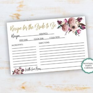 Printable recipe card, bridal shower recipe card, floral recipe card, recipe cards, recipe for the bride to be, 4x6 size, instant download