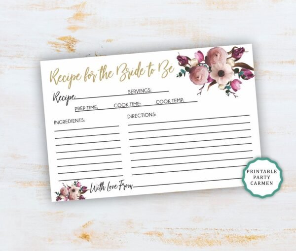 Printable recipe card, bridal shower recipe card, floral recipe card, recipe cards, recipe for the bride to be, 4x6 size, instant download