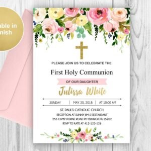 Floral First Holy Communion, printable communion invitation girl, floral watercolor communion