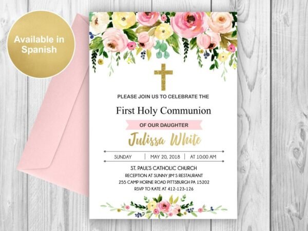Floral First Holy Communion, printable communion invitation girl, floral watercolor communion