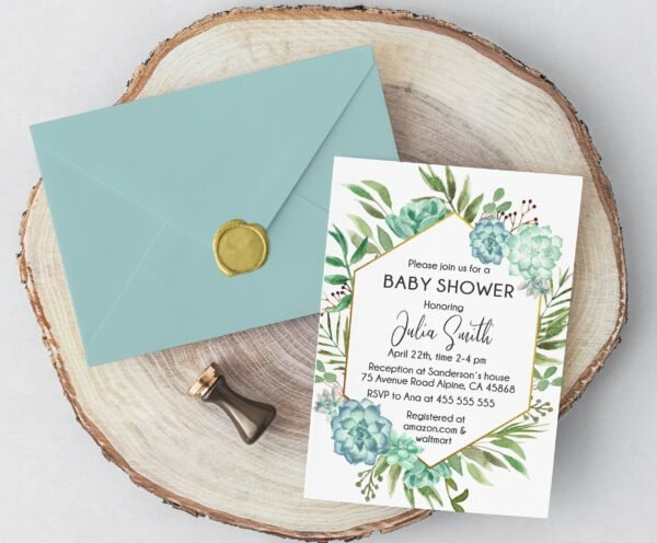 Greenery baby shower invitation, succulents baby shower, printable invitation, boho baby shower, Gender neutral, Size 5X7