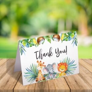 Safari thank you card, jungle baby shower, tropical baby shower, elephant giraffe lion, gender neutral, safari baby shower, instant download