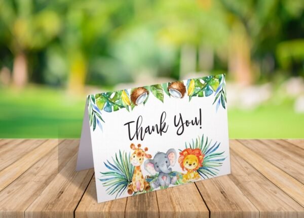 Safari thank you card, jungle baby shower, tropical baby shower, elephant giraffe lion, gender neutral, safari baby shower, instant download