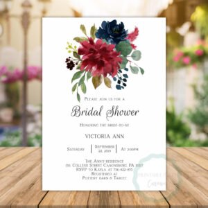 Burgundy Navy Bridal Shower Invitation, Instant download, Romantic bride, printable invitation, floral watercolor, fall bridal shower