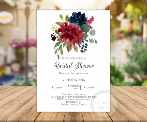 Burgundy Navy Bridal Shower Invitation, Instant download, Romantic bride, printable invitation, floral watercolor, fall bridal shower