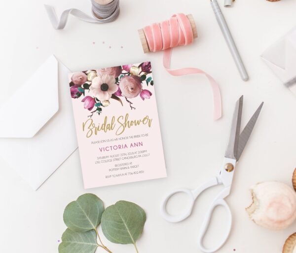 Floral bridal shower invitation, fiesta bridal shower invitation, printable invitation, bridal brunch, tulips, pink and gold, 5x7