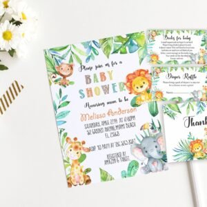 Jungle baby shower invitation, safari Baby Shower gender, neutral tropical Baby Shower, Elephant Giraffe Lion animals printable invitation