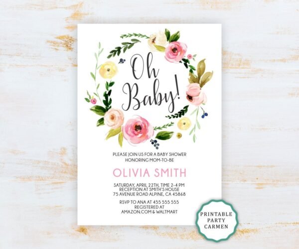 Oh baby, Floral Baby Shower Invitation, baby shower invitation girl, boho baby shower invitation girl, printable baby shower Invitation